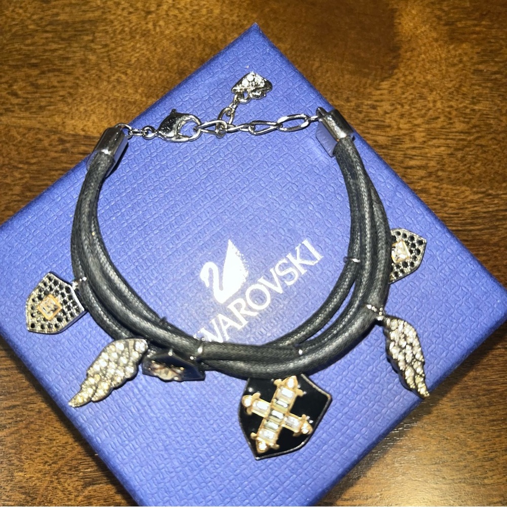 Swarovski Crystal leather wrap angel wings cross bracelet rocker chic black
